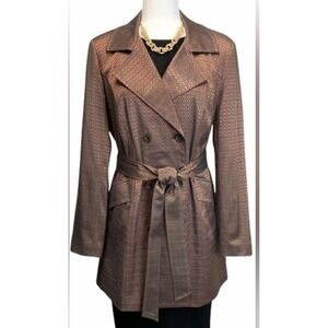 Ellen Tracy Copper Metallic Jacquard Double-Breasted Trench Coat Women's Small